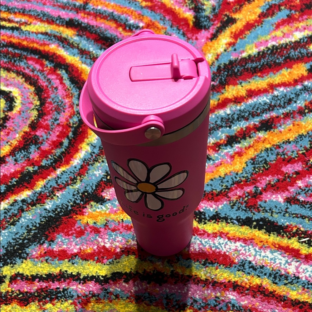 Pink Travel Mug with Daisy Design Life is Good
